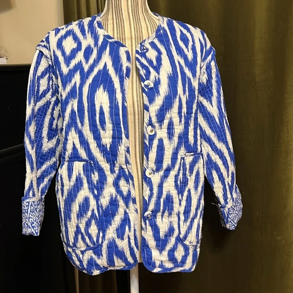 Blue and White Quilted Anthropologie Cotton Jacket S/XS